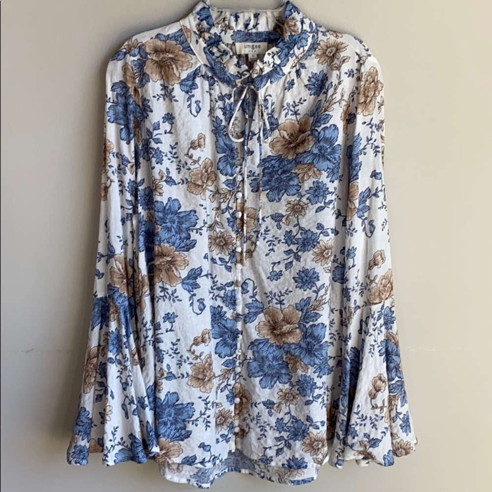 Umgee tan blue floral button down bell sleeve top